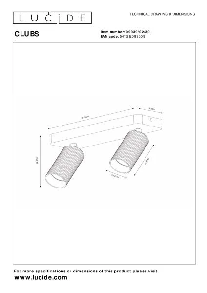 Lucide CLUBS - Plafondspot - 2xGU10 - Zwart - technisch